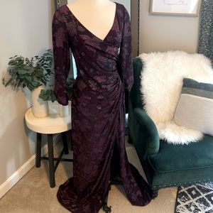 Adrianna Papell long sleeve floral deep purple evening gown